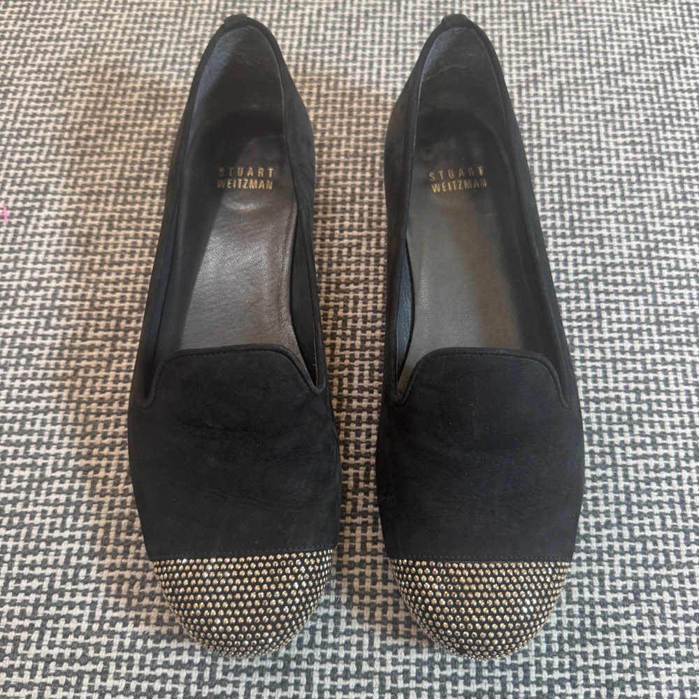 Stuart Weitzman Black Suede Studded Cap Toe Smoking Slipper Loafer Flats Spain